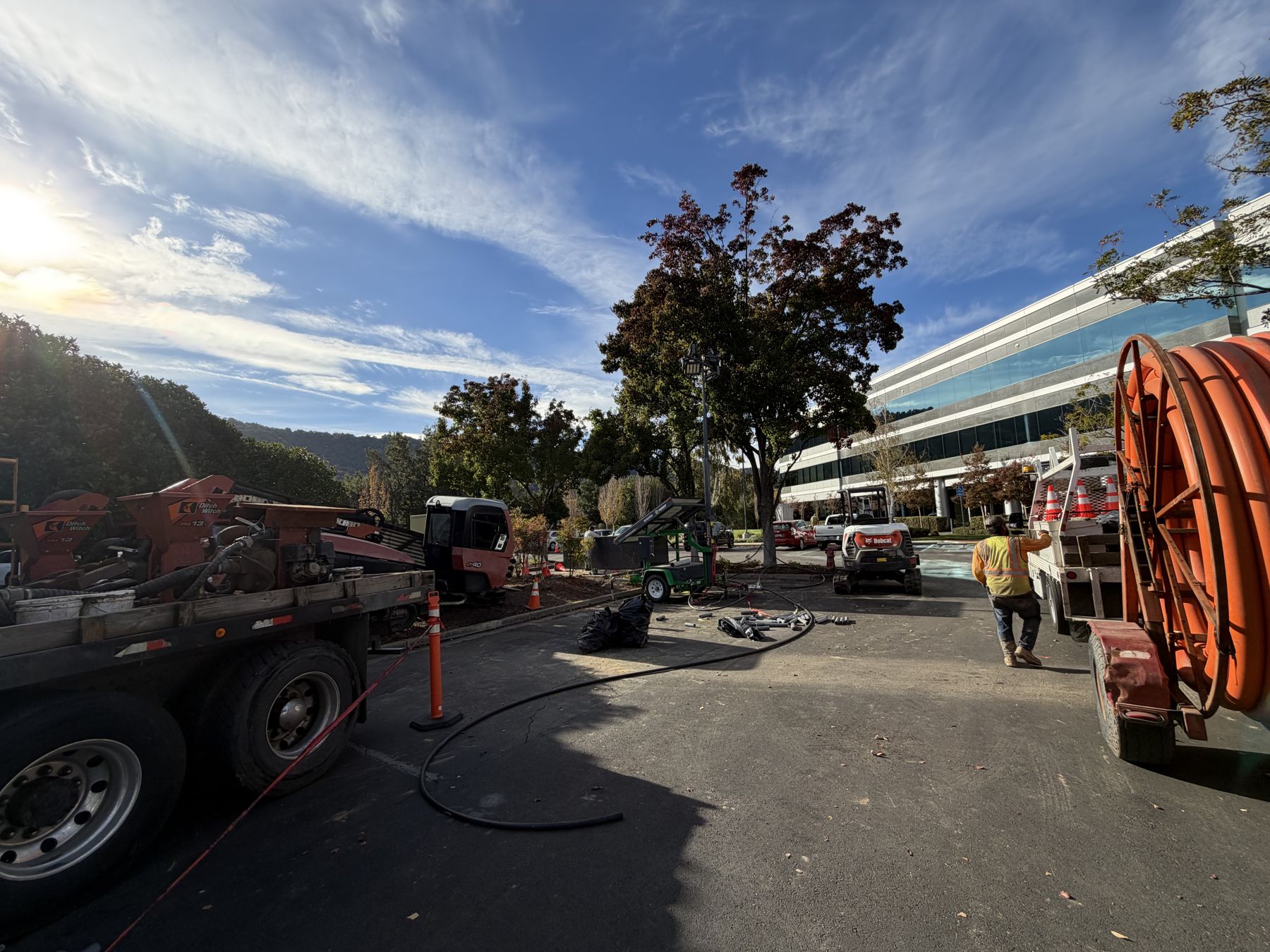 Drill, trailer and HDPE reel set up in the campus parking lot